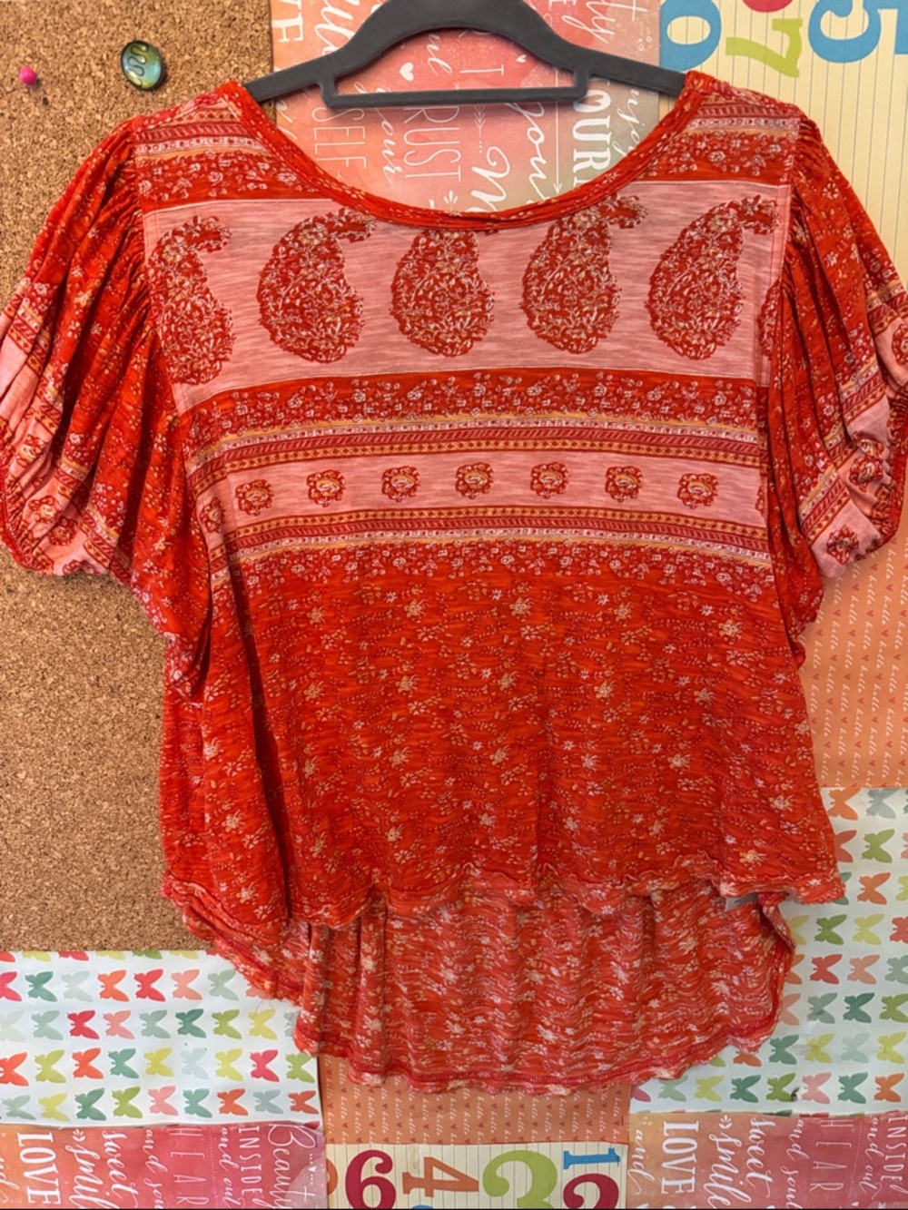 Free People Red Paisley-Print Short Sleeve Tunic